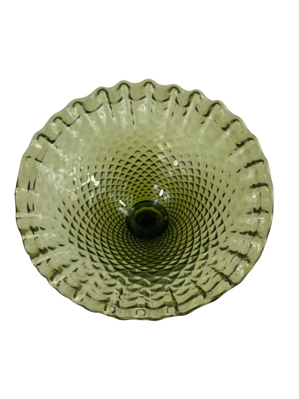 Vintage Green Glass Compote With Diamond Pattern & Ruffled Edge Pedestal Bowl - Picture 4 of 11